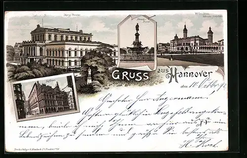 Vorläufer-Lithographie Hannover, Königliches Theater, Rathaus, Ebhardt-Brunnen 1895