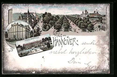 Lithographie Hannover, Herrenhause Allee, Palmen-Haus, Schloss