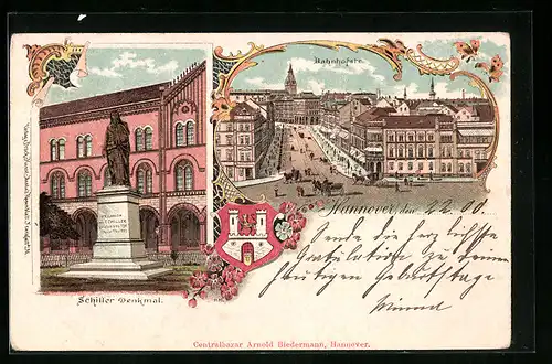 Lithographie Hannover, Schiller-Denkmal, Blick in die Bahnhofstrasse