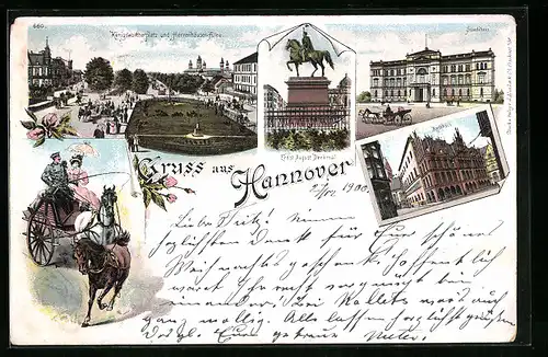 Lithographie Hannover, Königswortherplatz und Herrenhäuser-Allee, Rathhaus, Ständehaus