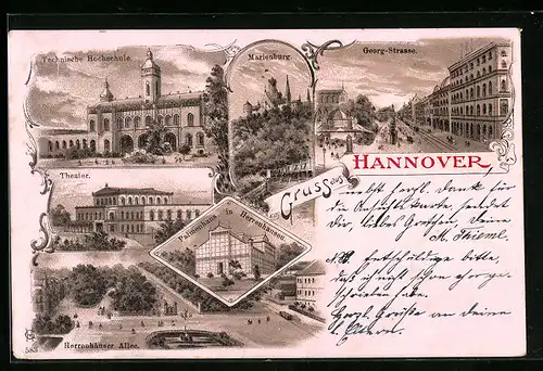 Lithographie Hannover, Technische Hochschule, Marienburg, Georg-Strasse, Theater