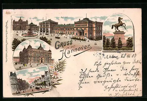 Lithographie Hannover, Bahnhof, Sachsenross und Königsstrasse