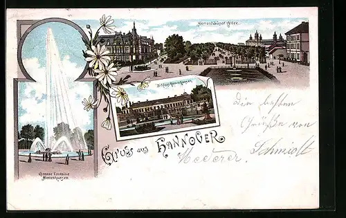 Lithographie Hannover, Herrenhäuser Allee, Schloss Herrenhausen, Grosse Fontaine