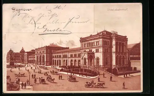Lithographie Hannover, Staatsbahnhof aus der Vogelschau