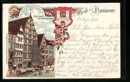 Lithographie Hannover, Schmiedestrasse mit Leibnitz-Haus, Stadtwappen