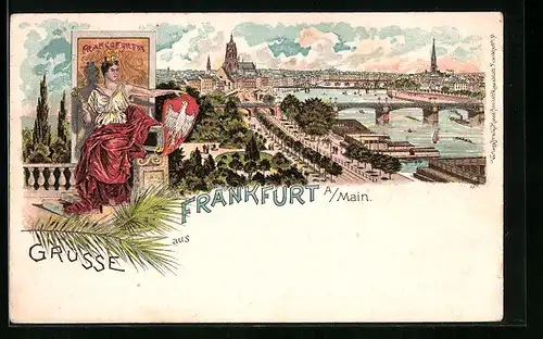 Lithographie Frankfurt /Main, Teilansicht mit Brücke, Francofurtia