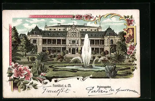 Lithographie Frankfurt-Westend, Palmengarten mit Springbrunnen
