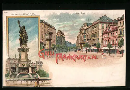 Lithographie Frankfurt a. M., Die Zeil, Schützen-Brunnen