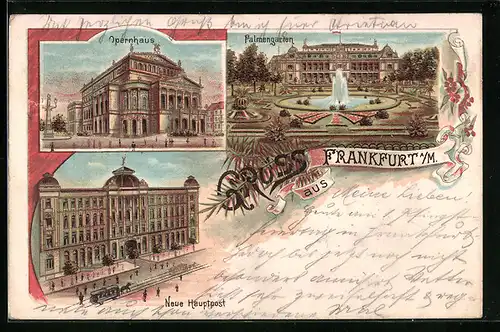 Lithographie Frankfurt a. M., Opernhaus, Palmengarten, Neue Hauptpost