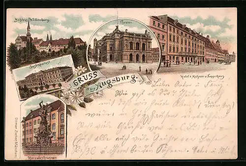 Lithographie Augsburg, Schloss Wöllenburg, Theater, Justizpalast