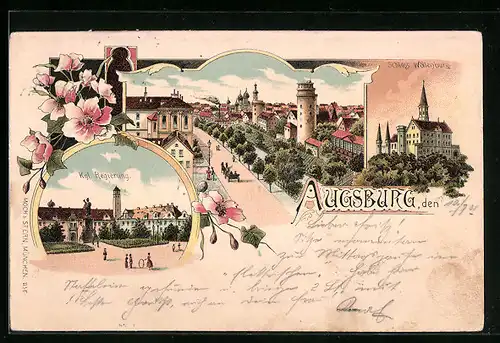 Lithographie Augsburg, Teilansicht mit Strassenpartie, Schloss Wöllenburg, Königliche Regierung