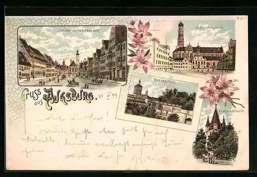 Lithographie Augsburg, Rotes Tor, Jakoberstrasse, St. Ulrichskirche, Fünfgradturm
