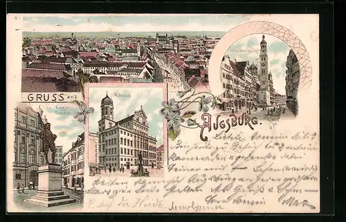 Lithographie Augsburg, Rathaus und Fugger-Denkmal, Totalansicht