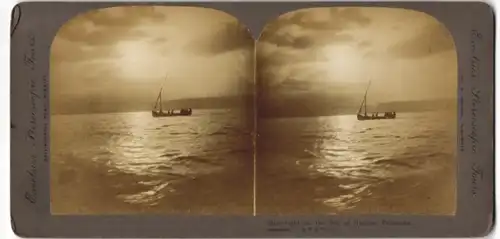 Stereo-Fotografie M. E. Wright, Burnley, Ansicht Palästina, Moonlight on the Sea of Galilee
