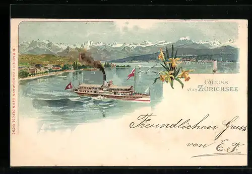 Lithographie Zürich, Zürichsee, Ausflugsdampfer