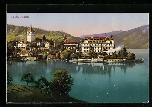 AK Spiez, Uferpartie mit Dampfer