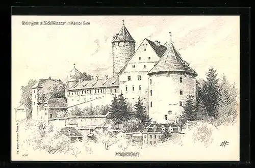 Künstler-AK Pruntrut, Blick zum Schloss