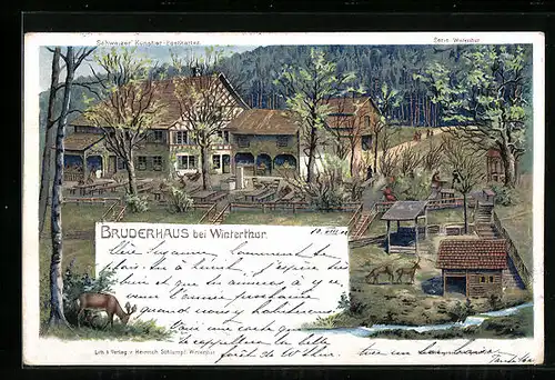 Lithographie Winterthur, Bruderhaus mit Rehen