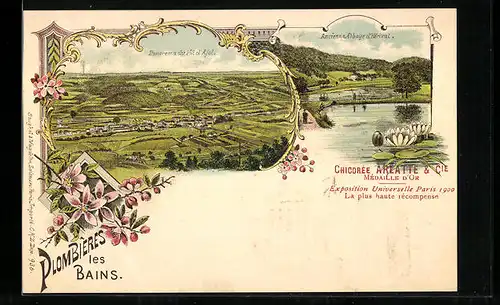 Lithographie Plombières les Bains, Panorama, Ancienne Abbaye d`Hérival