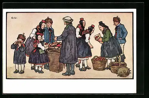 Künstler-AK Otto Ubbelohde: Schwalm, Hessische Tracht auf dem Schwälmer Markt