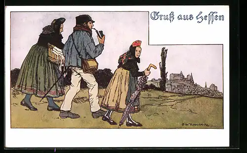 Künstler-AK Otto Ubbelohde: Gruss aus Hessen, Mann und zwei Frauen in hessischer Tracht