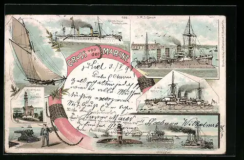 Lithographie Kriegsschiffe SMS Gefion, SMS Wörth, Kaiserl. Yacht Hohenzollern, Ostasiengeschwader