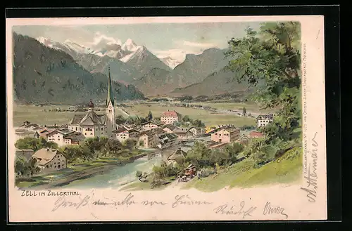 Künstler-AK Edward Theodore Compton: Zell im Zillerthal, Blick über den Ort