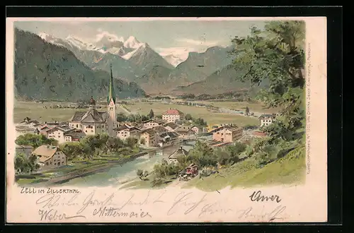 Künstler-AK Edward Theodore Compton: Zell im Zillerthal, Ortsansicht aus der Vogelschau