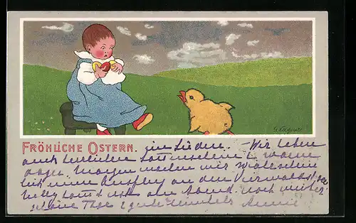 Künstler-AK Gertrud Caspari: Kindchen mit Ostereiern und Küken