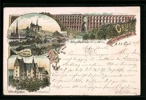 Vorläufer-Lithographie Netzschkau, 1895, Kaiser Schloss Mylau, Göltzschthalbrücke, Schloss Netzschkau
