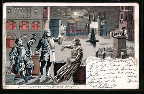 Winter-Lithographie Halle /Saale, Mitternachtsphantasie auf dem Halleschen Marktplatz