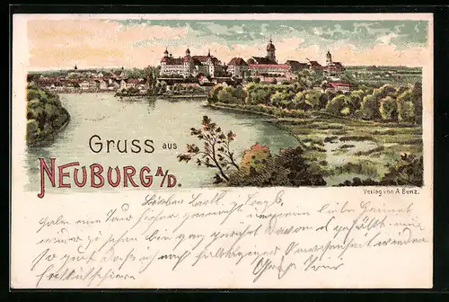 Lithographie Neuburg a.D., Totalansicht mit Flusspartie