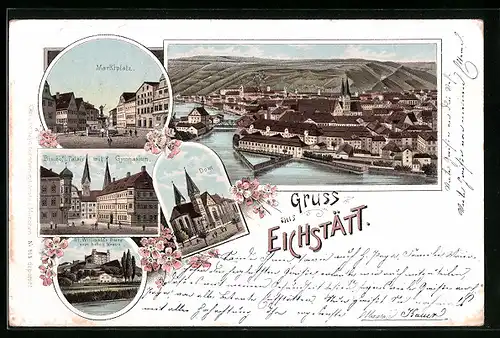 Lithographie Eichstätt, Marktplatz mit Dom und Bischöfl. Palais mit Gymnasium