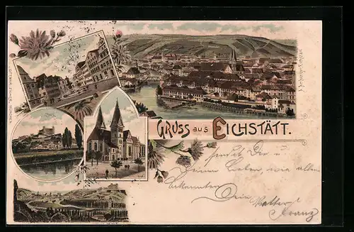 Lithographie Eichstätt, Marktplatz mit Dom und Burg, Teilansicht