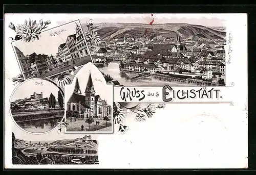 Lithographie Eichstätt, Marktplatz mit Dom und Burg