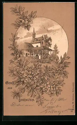 Lithographie Birkenstein bei Fischbachau, Kirche und Pfarre