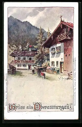 Lithographie Oberammergau, Strassenzug mit Berglandschaft