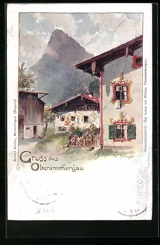 Lithographie Oberammergau, Partie im Ort mit Blick zum Gipfelkreuz