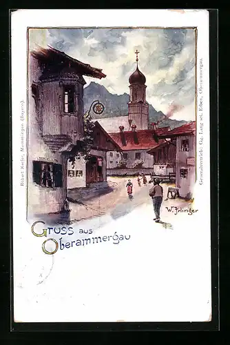 Lithographie Oberammergau, Passanten vor der Kirche