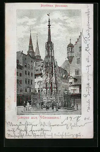 Goldfenster-AK Nürnberg, Schöner Brunnen, mit leuchtenden Fenstern