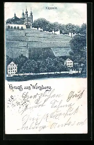 Lithographie Würzburg, Feldpartie mit Käppele