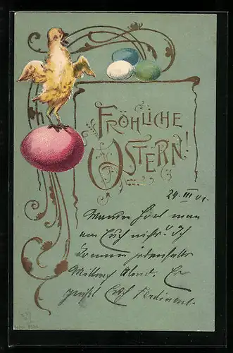 AK Osterküken auf dem Osterei