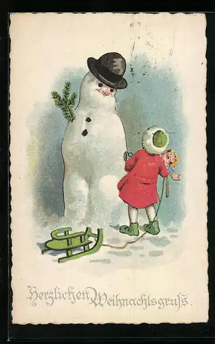 AK Schneemann beobachtet Kind mit Schlitten