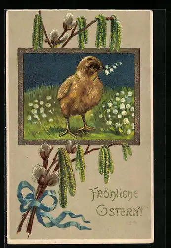 AK Osterküken mit Maiglöckchen