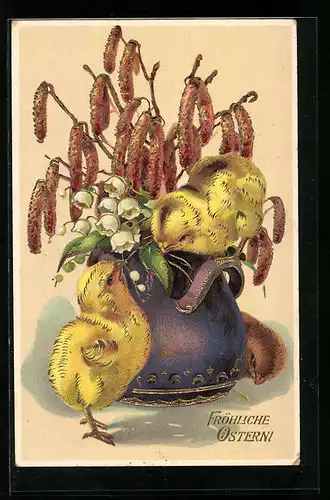 AK Osterküken mit Vase voller Maiglöckchen