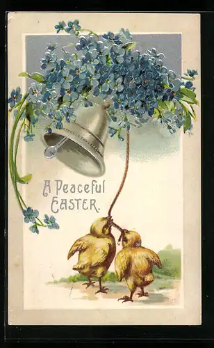 AK Osterküken läuten Glocke zum Fest mit Vergissmeinnicht