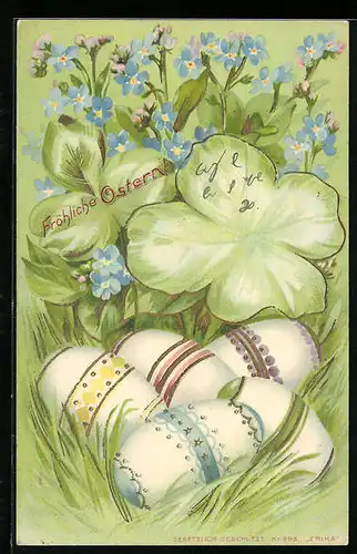 Lithographie Fröhliche Ostern!, Klee, Vergissmeinnicht und bunte Eier