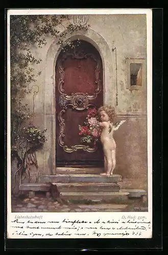 Künstler-AK Amor mit Liebesbotschaft vor einer Türe