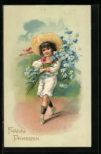 AK Kind mit Vergissmeinnicht zu Pfingsten