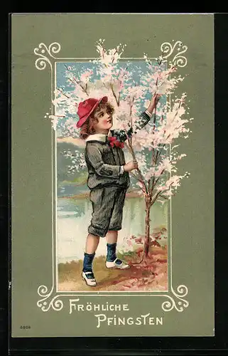 AK Junge an einem blühenden Strauch zu Pfingsten
